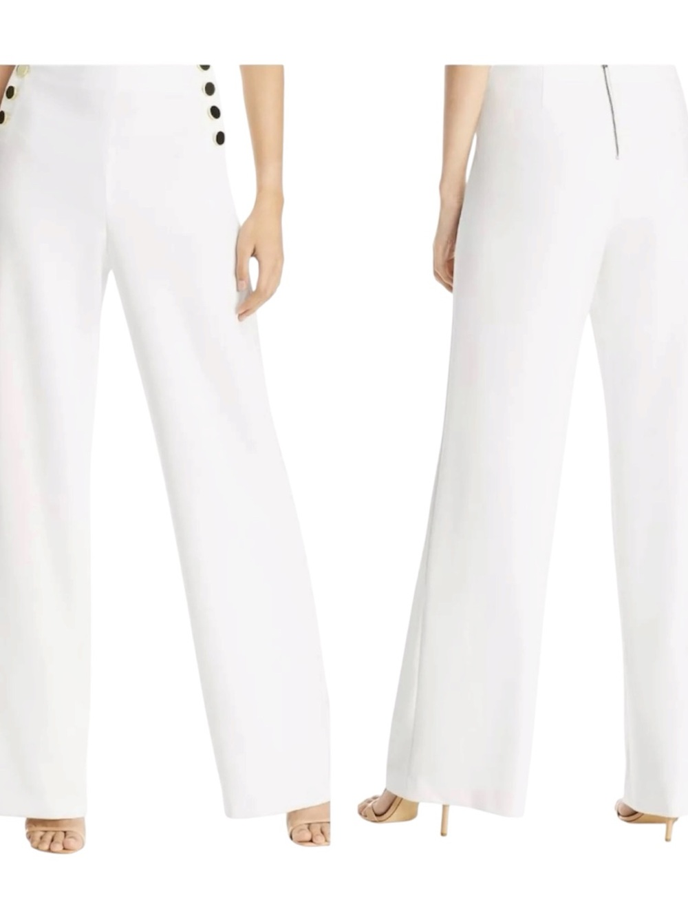 Alice + Olivia White High-Rise Wide-Leg Trousers with Button Detail